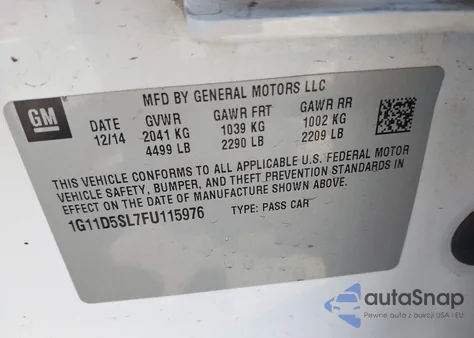 2015 Chevrolet Malibu 2Lt z USA, uszkodzony, nr VIN 1G11D5SL7FU115976